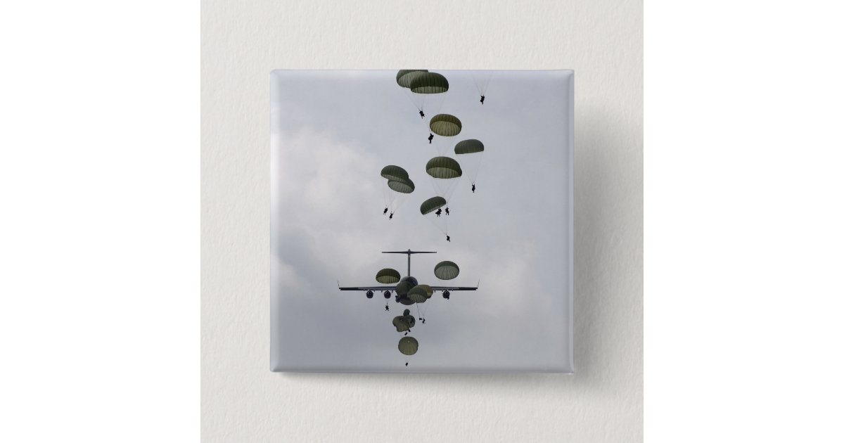 Jump Button Soldier Army Soldiers jump out of a C-17 Globemaster II Pinback Button | Zazzle