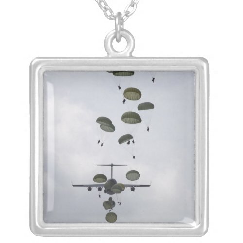 Army Soldiers jump out of a C_17 Globemaster II Silver Plated Necklace