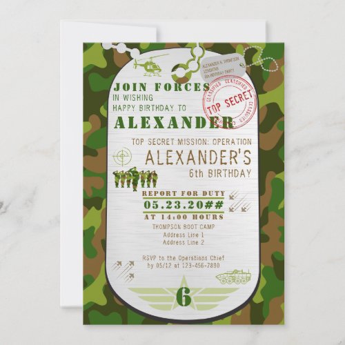Army Tag Green Camo Camouflage Military Boot Camp Invitation