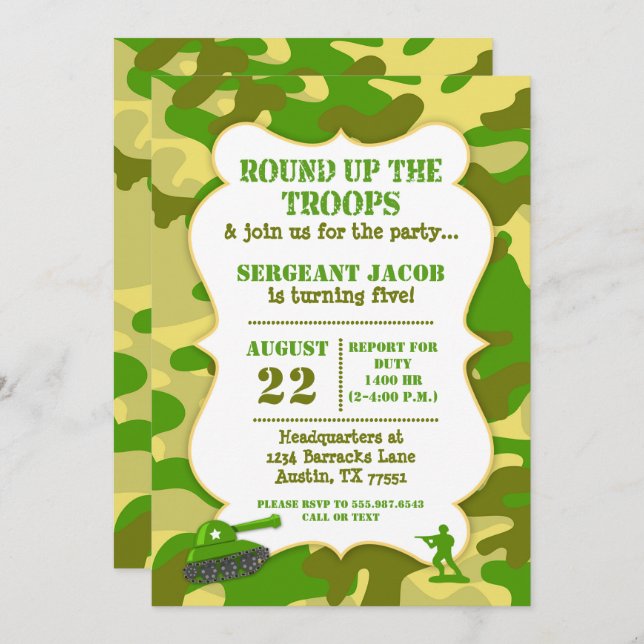 Army Toy Soldier Birthday Invitation Camouflage (Front/Back)