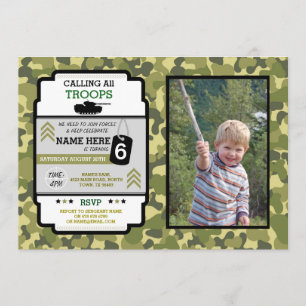 Army Troops Photo Birthday Party Camo Military Invitation