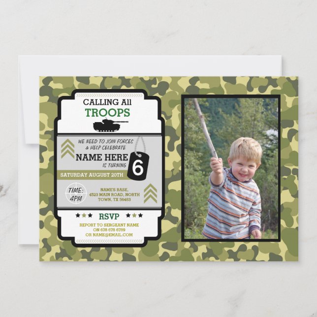 Army Troops Photo Birthday Party Camo Military Invitation (Front)