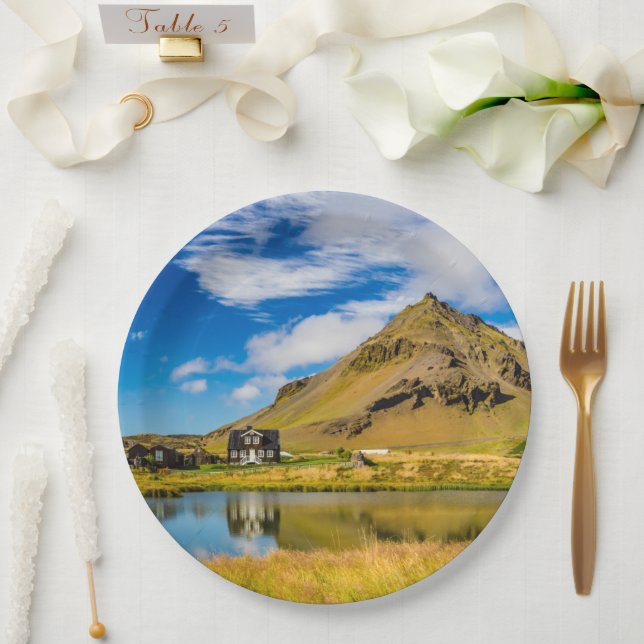 Arnarstapi Amtmansshus And Mount Stapafell, Icelan Paper Plates (Wedding)
