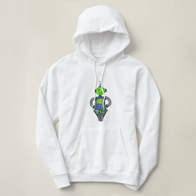 Arnie robot, blue and green hoodie (Design Front)