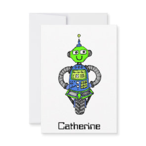 Arnie robot, blue and green invitation