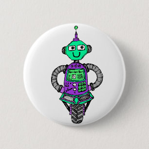 Arnie robot, purple and green pinback button