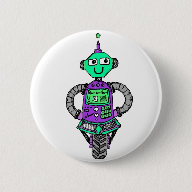 Arnie robot, purple and green pinback button (Front)