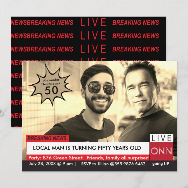 Arnold Schwarzenegger Funny TV News 50th Birthday Invitation (Front/Back)