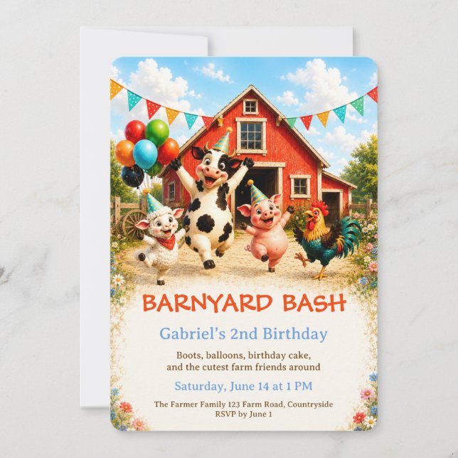 arnyard Birthday Invitation with Cute Farm Animals (Front)