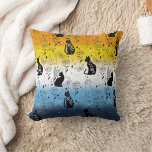 AroAce Agender Pride Black Cat - Mystical Witchy Throw Pillow