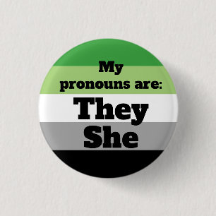 Aromantic/Aro They/She Pronouns Button