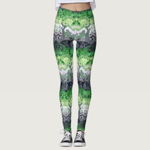 Aromantic Dragon Damask _ Aro Pride Flag Colors Leggings