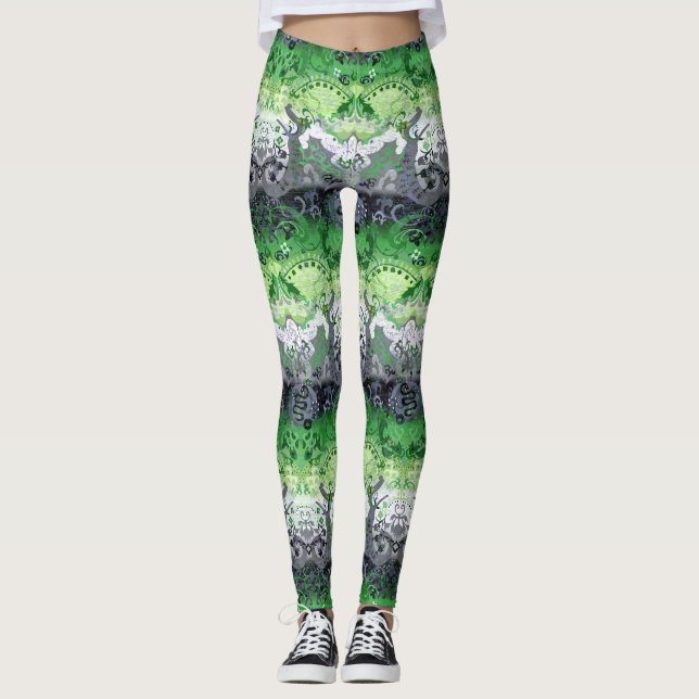 Aromantic Dragon Damask - Aro Pride Flag Colors Leggings (Front)