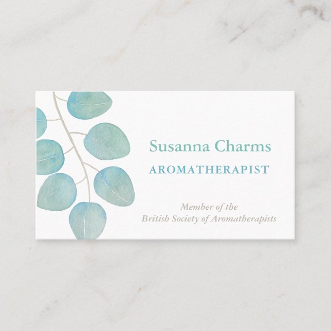 Aromatherapist Watercolor Eucalyptus Leaves Business Card (Front)