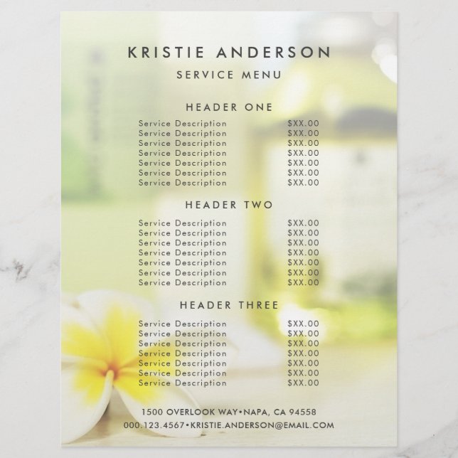 Aromatherapy Spa Skin Care Massage Price List Flyer (Front)