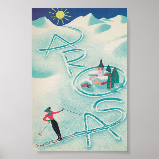 Arosa Switzerland Retro Vintage Ski Poster (Front)