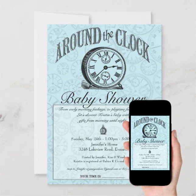 Around the Clock Baby Shower Invitation Blue Zazzle