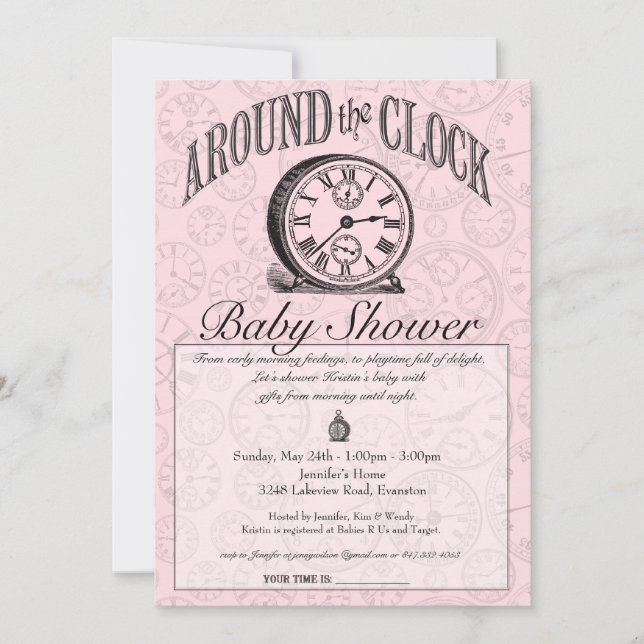 Around the Clock Baby Shower Invitation - Pink (Front)