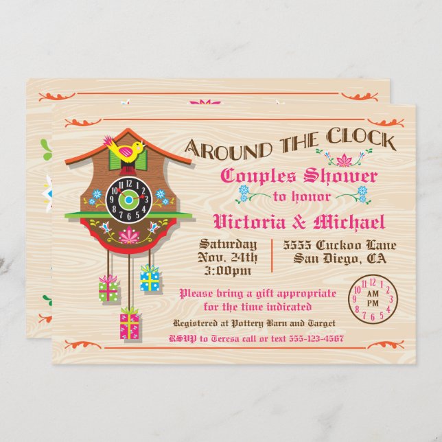 Around the clock Bridal Shower Folk art Cuckoo Inv Invitation (Front/Back)