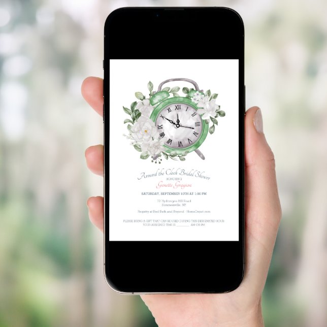 Around the Clock Bridal Shower Green Invitation (Front Digital)