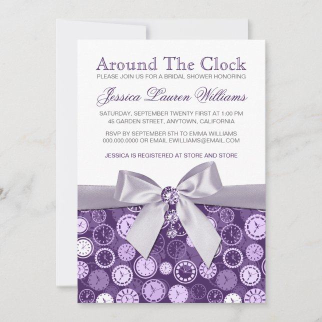 Around The Clock Purple Bridal Shower Invites (Front)