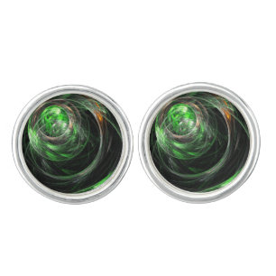 Around the World Green Abstract Art Silver Plated Cufflinks