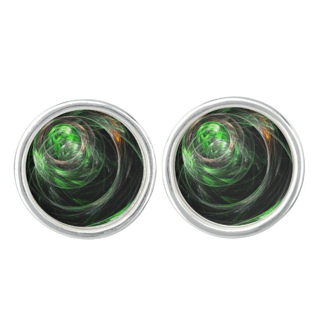 Around the World Green Abstract Art Silver Plated Cufflinks (Front)