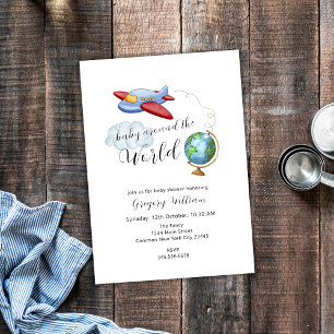 Around The World Map Airplane Baby Shower  Invitation
