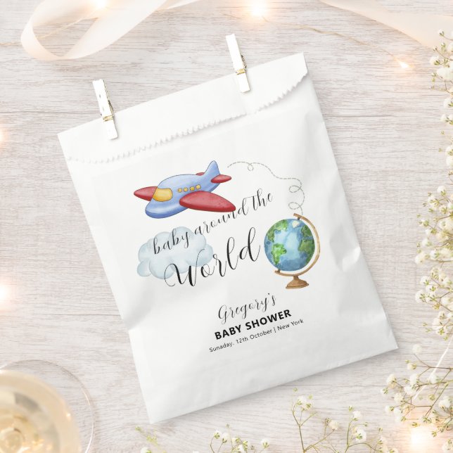 Around The World Map Airplane Boy Baby Shower Favor Bag (Clipped)