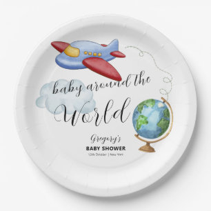 Around The World Map Airplane Boy Baby Shower Paper Plates