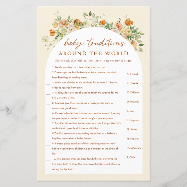 Around The World Spring Floral Baby Shower Game (Front)