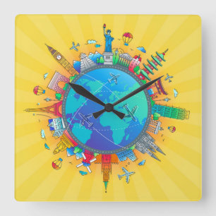 Around the World Square Wall Clock