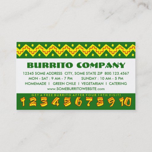Customizable arriba buritto (loyalty punch card) business cards