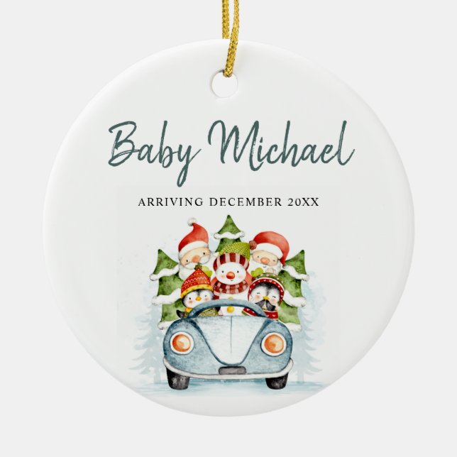 Arriving Baby Boy Pregnancy Announcement Ceramic Ornament (Front)