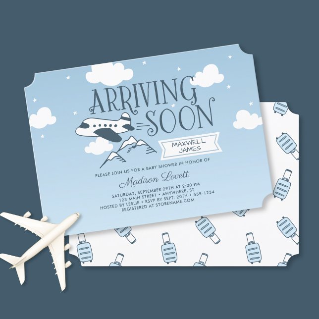 Arriving Soon Airplane Baby Shower Invitation (Shown on a 5" x 7" card.  Ticket style.)