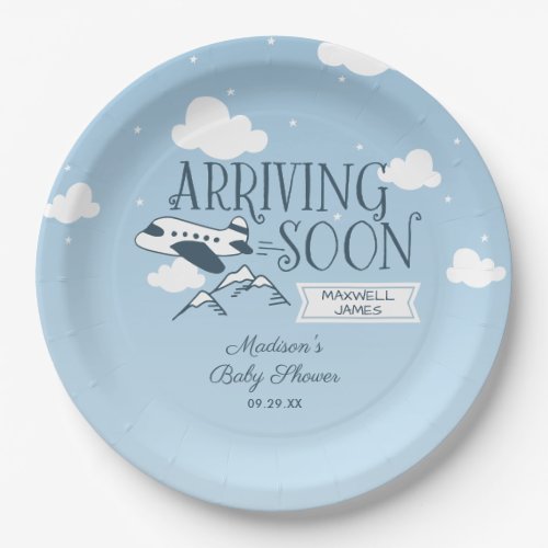 Arriving Soon Airplane Baby Shower Invitation Paper Plates