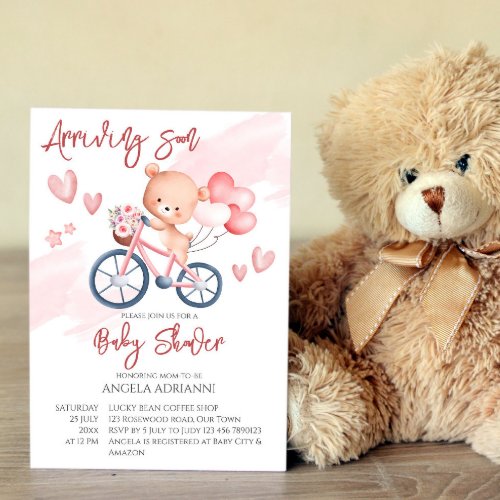 Arriving soon cute pink teddy bear tiny driver inv invitation