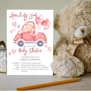 Arriving soon cute pink teddy bear tiny driver invitation