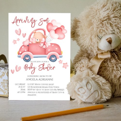 Arriving soon cute pink teddy bear tiny driver invitation