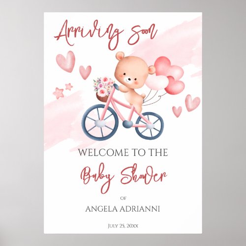 Arriving soon cute pink teddy bear tiny driver poster