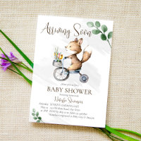 Arriving soon little fox riding bike baby shower