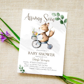 Arriving soon little fox riding bike baby shower invitation