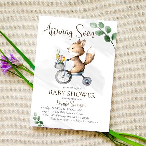 Arriving soon little fox riding bike baby shower invitation