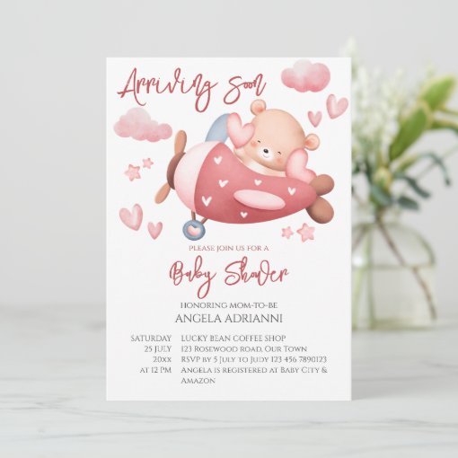 Arriving Soon Pink Teddy Bear Tiny Pilot Invitation Zazzle