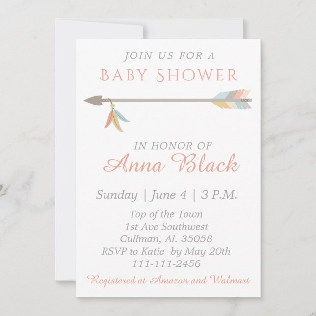 Arrow and Feather Baby Shower Invitation (Front)