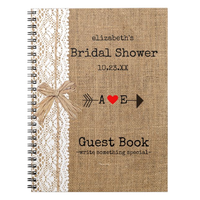 Arrow Burlap Lace Image Bridal Shower Guest Book | (Front)