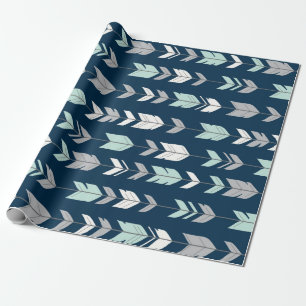 Arrow Feathers - mint/grey on navy blue Gift Wrap