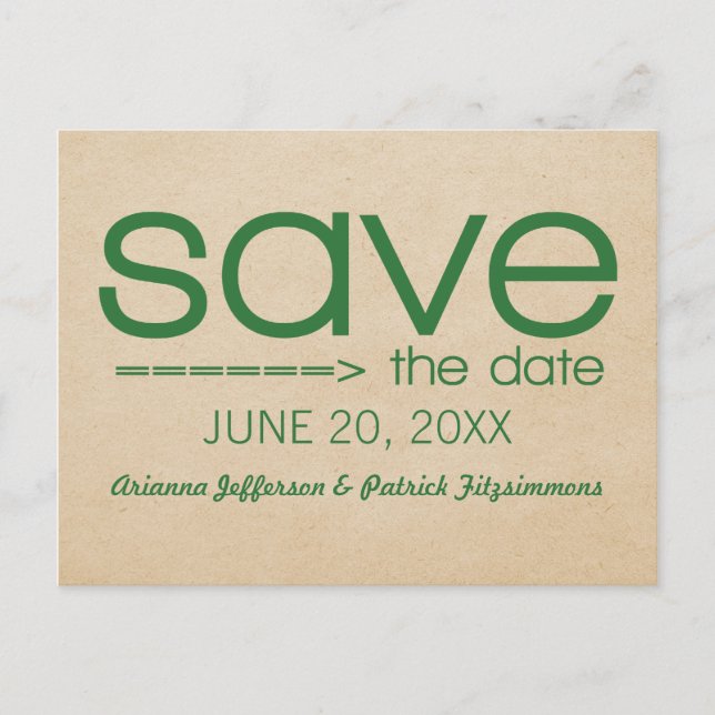 Arrow Typography Save the Date Postcard, Green Announcement Postcard (Front)