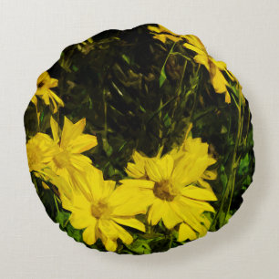 Arrowleaf Balsamroot Yellow Wildflower Abstract Round Pillow