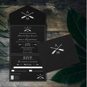 Arrows and Monograms Wedding Black All In One Invitation